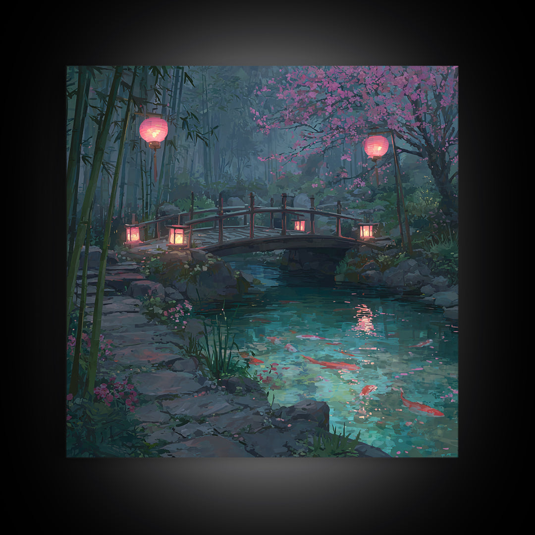 Serene Japanese Garden With Koi Fish And Lanterns Wall Art For Tranquil Home Decor Framed Canvas Print
