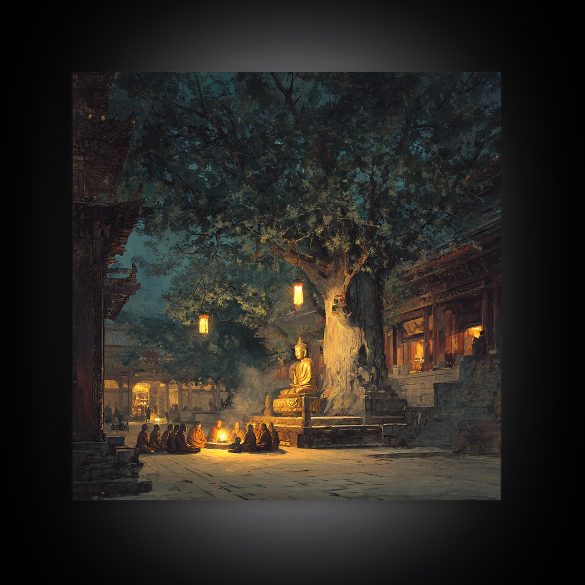 Moonlit Temple Gathering Wall Art, Mystical Night Buddha Landscape Canvas Print, Moody Spiritual Home Decor
