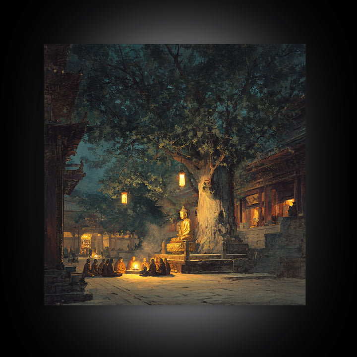 Moonlit Temple Gathering Wall Art, Mystical Night Buddha Landscape Canvas Print, Moody Spiritual Home Decor