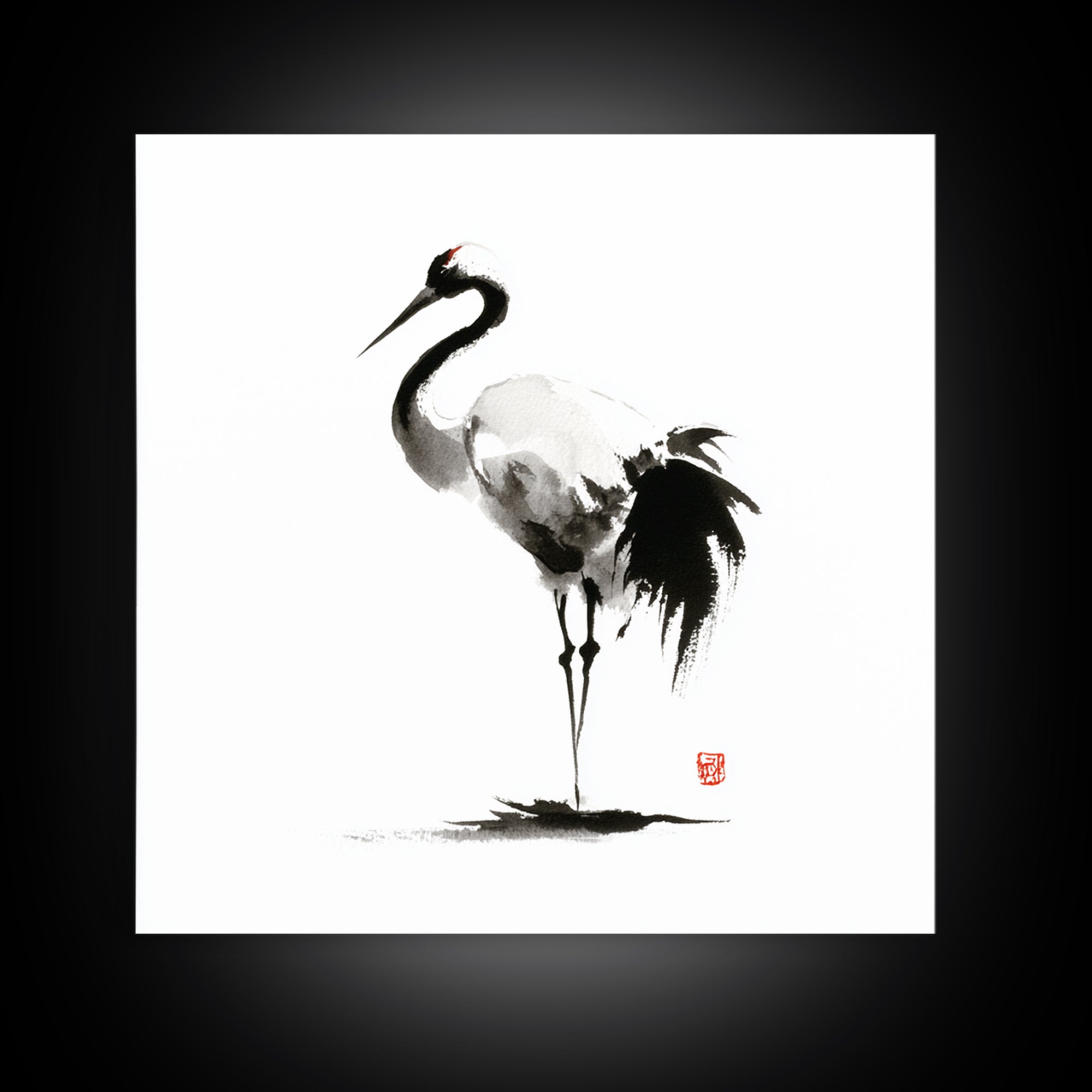 Minimalist Crane Ink Painting Wall Art Print, Japanese Zen Decor, Black And White Art, Japandi Wall Art, Modern Home Decor