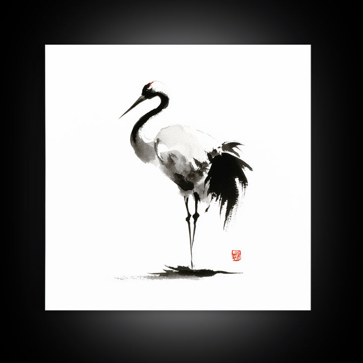Minimalist Crane Ink Painting Wall Art Print, Japanese Zen Decor, Black And White Art, Japandi Wall Art, Modern Home Decor