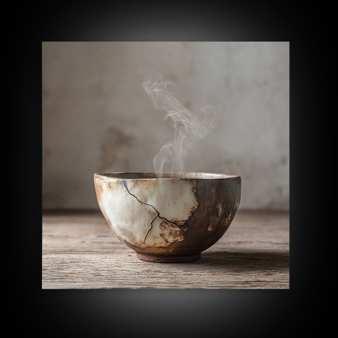 Wabi Sabi Ceramic Tea Bowl Wall Art, Rustic Japanese Canvas Print, Minimal Neutral Kitchen Decor, Organic Modern Home Wall Art