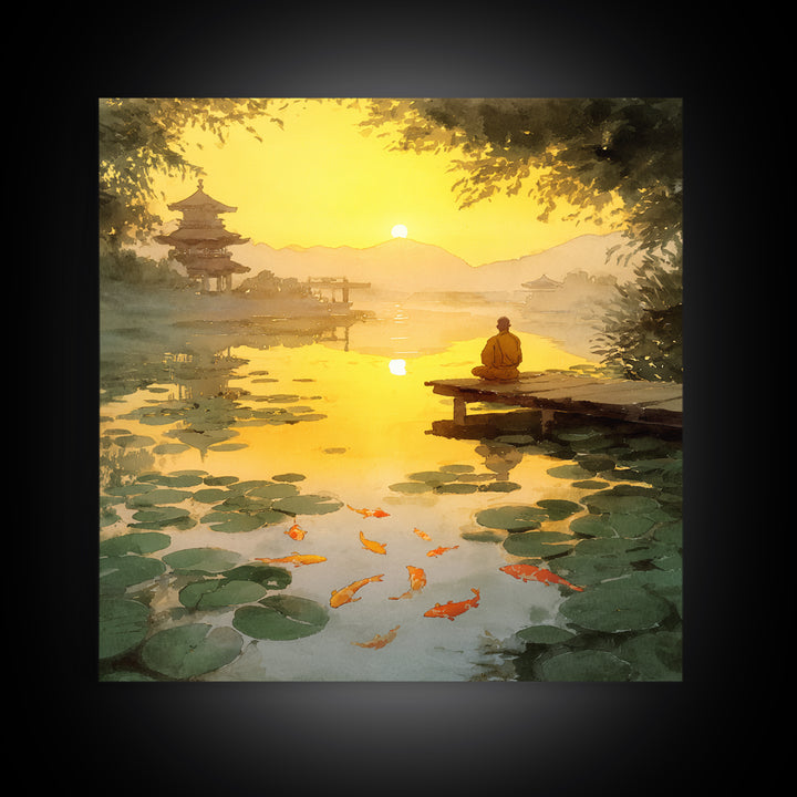 Golden Sunset Zen Lake With Koi And Temple Landscape Wall Art, Peaceful Japanese Decor Framed Canvas Print