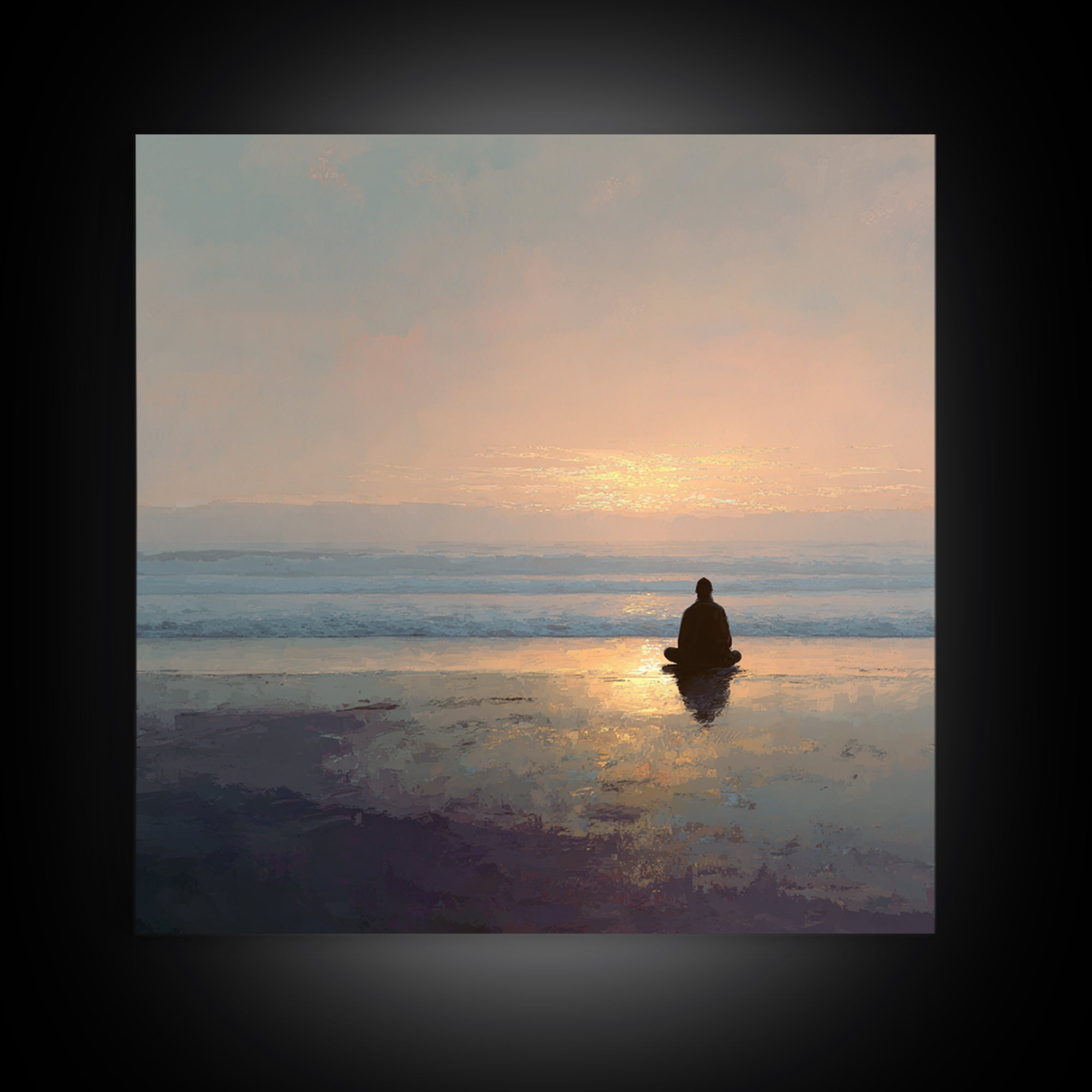 Meditation On Beach At Sunrise Wall Art, Minimalist Zen Seascape Canvas Print For Calming Bedroom Or Yoga Room Decor