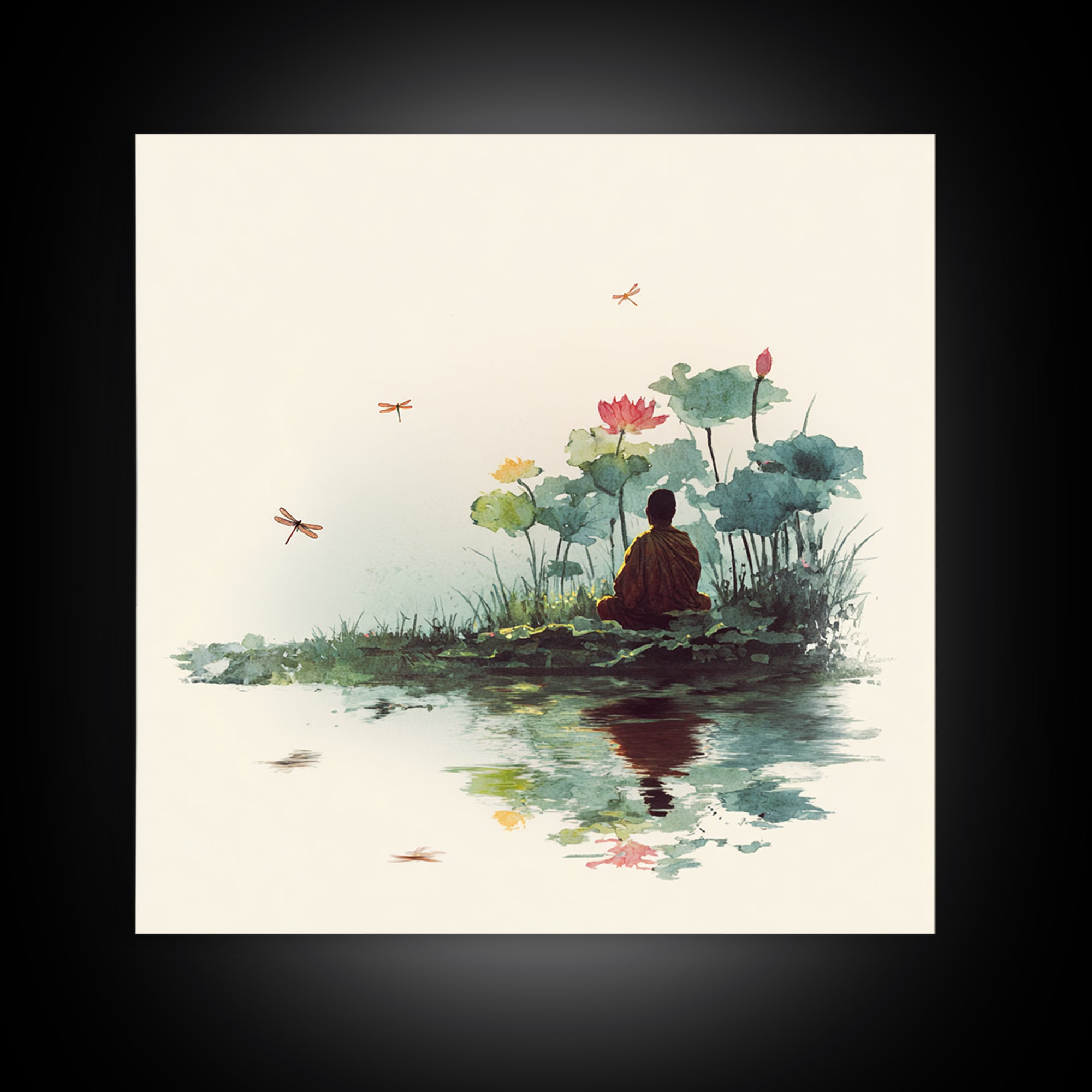 Meditation By Lotus Pond Wall Art, Peaceful Watercolor Landscape, Zen Mindfulness Decor, Yoga Studio Framed Canvas Print