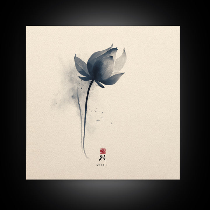 Minimalist Ink Lotus Flower Wall Art, Japanese Style Botanical Print, Zen Meditation Decor For Calm Modern Bedroom Or Spa