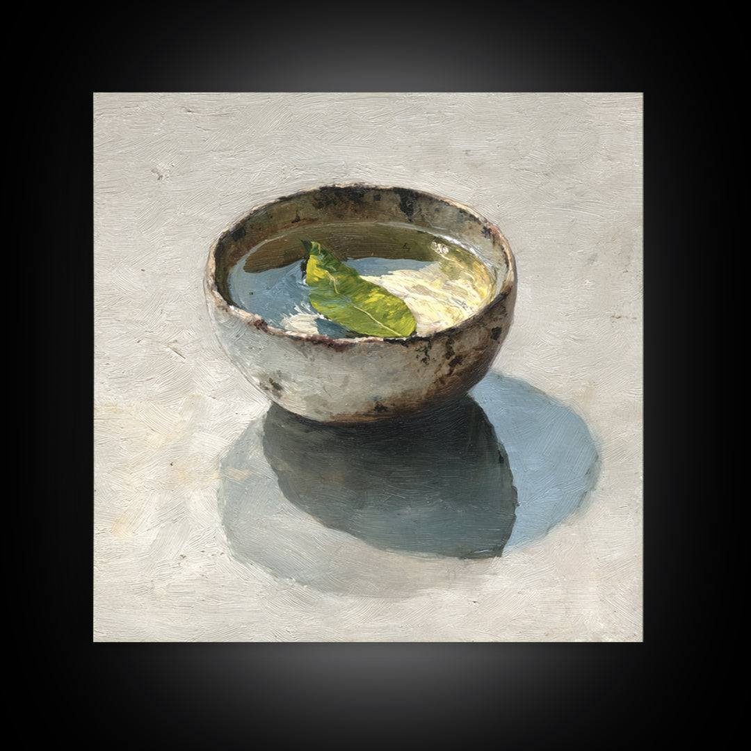 Rustic Tea Bowl Still Life Oil Painting Wall Art, Minimal Kitchen Decor, Neutral Modern Framed Canvas Print