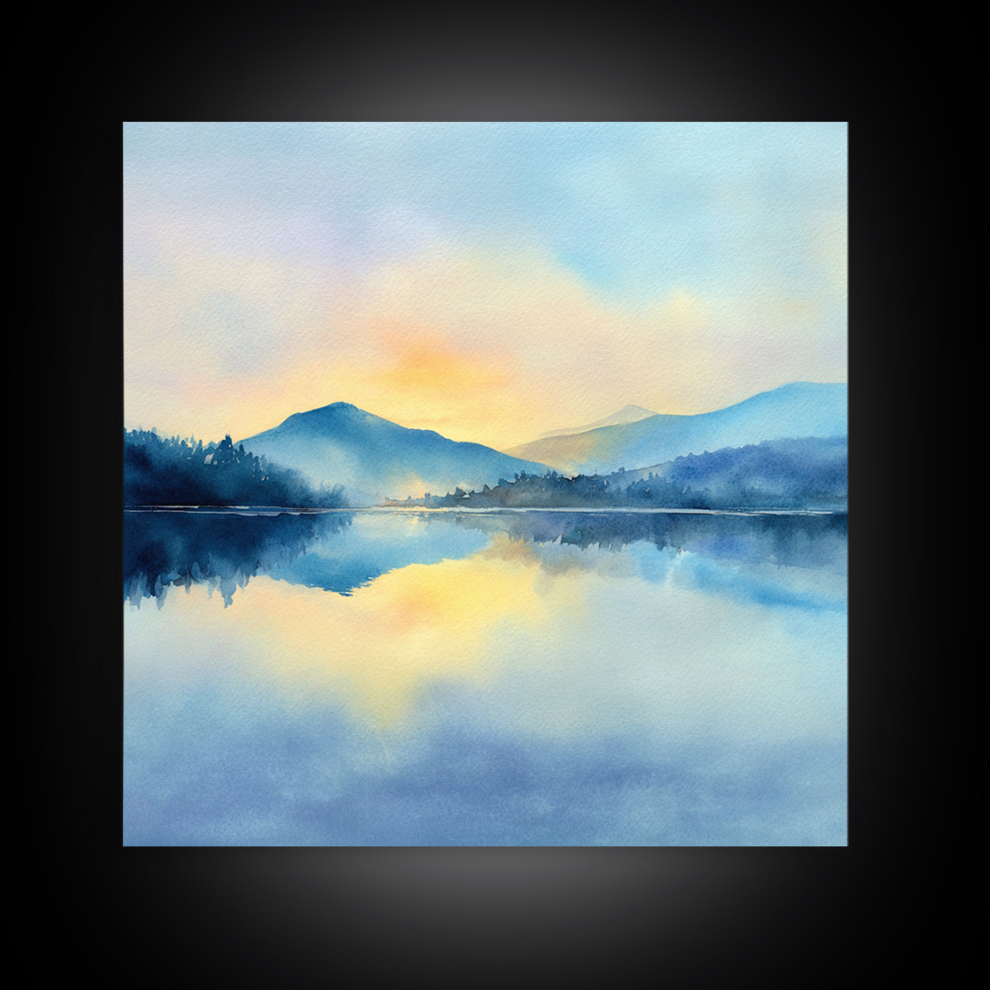 Soft Watercolor Mountain Lake Sunrise Wall Art, Calming Landscape Canvas Print, Serene Bedroom And Living Room Decor