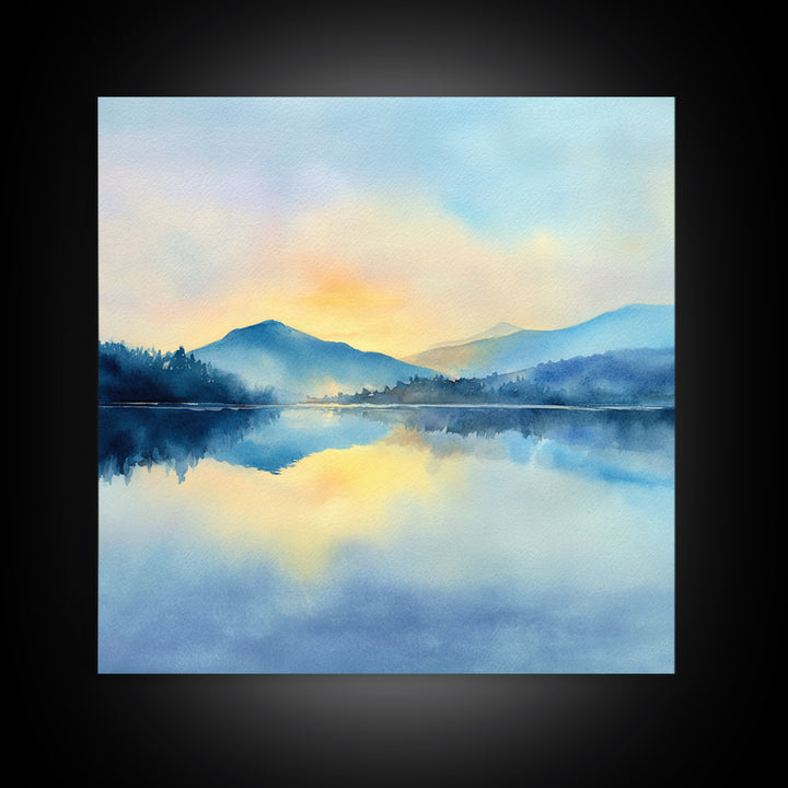 Soft Watercolor Mountain Lake Sunrise Wall Art, Calming Landscape Canvas Print, Serene Bedroom And Living Room Decor