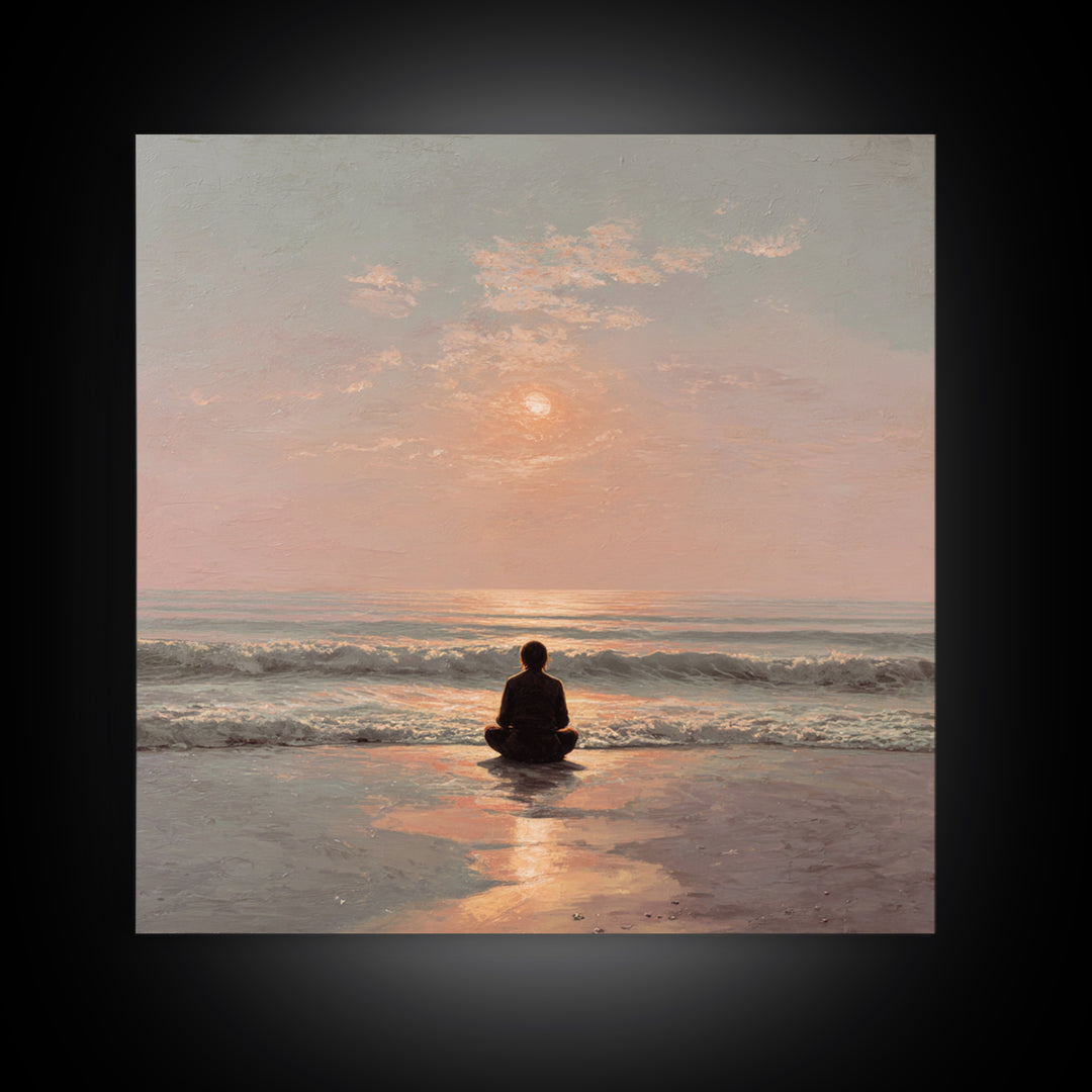 Sunset Beach Meditation Figure Wall Art, Serene Mindfulness Canvas Print, Calming Coastal Zen Bedroom Decor