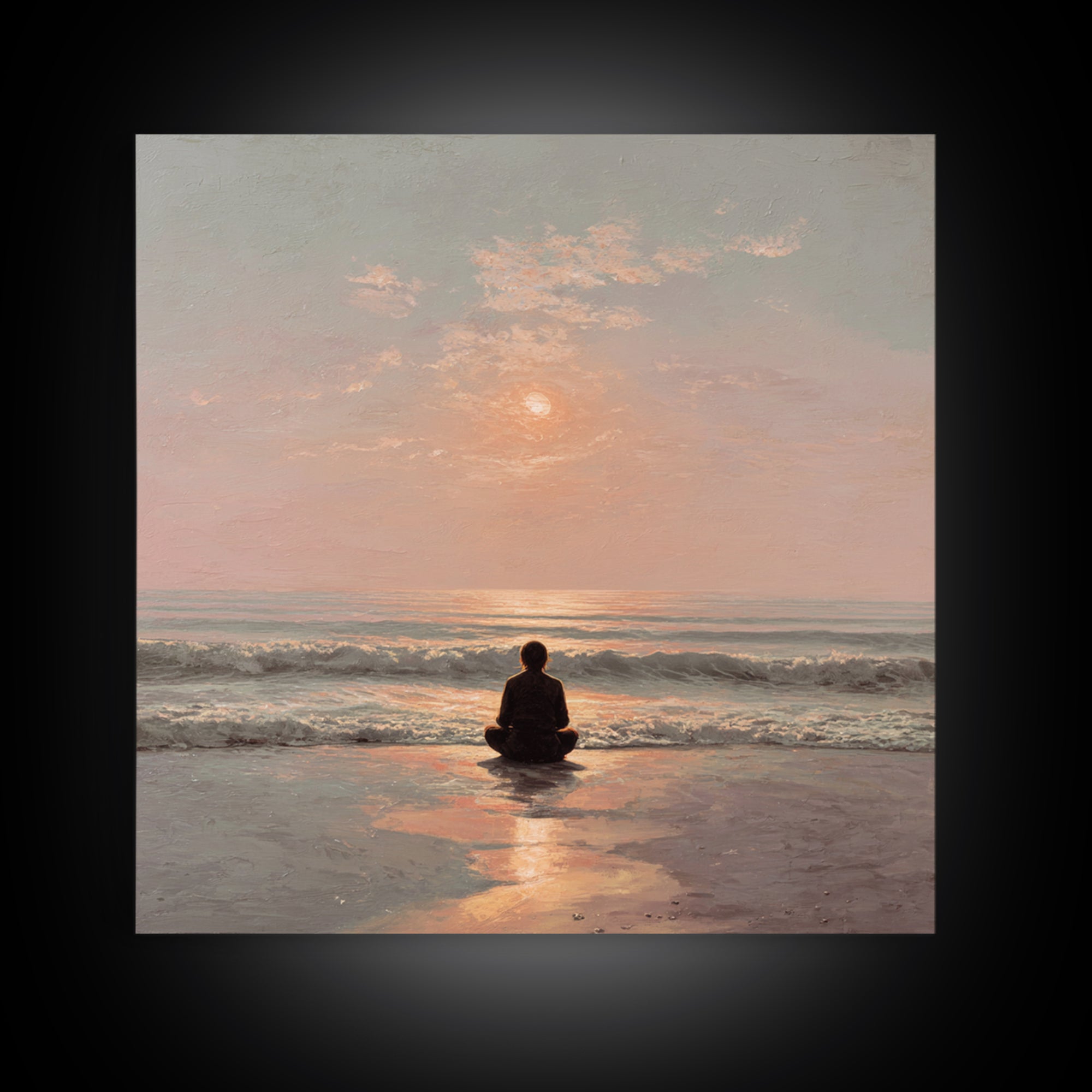 Sunset Beach Meditation Figure Wall Art, Serene Mindfulness Canvas Print, Calming Coastal Zen Bedroom Decor