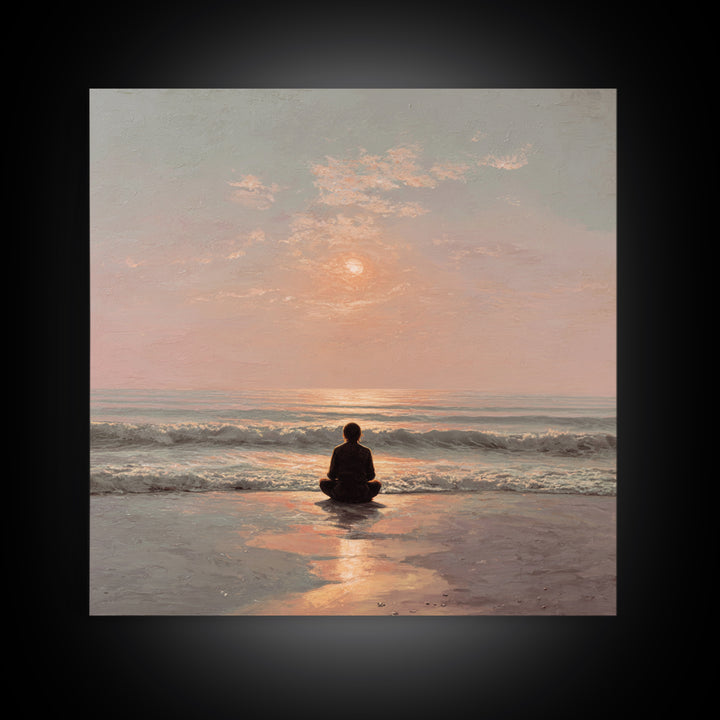 Sunset Beach Meditation Figure Wall Art, Serene Mindfulness Canvas Print, Calming Coastal Zen Bedroom Decor