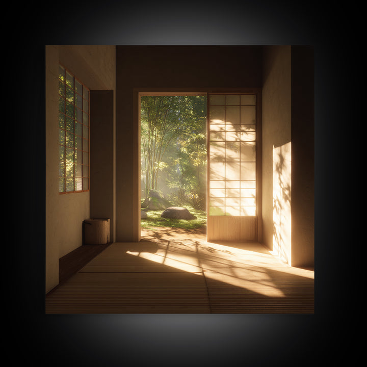 Minimal Japandi Zen Room With Garden View Wall Art, Serene Japanese Interior Framed Canvas Print