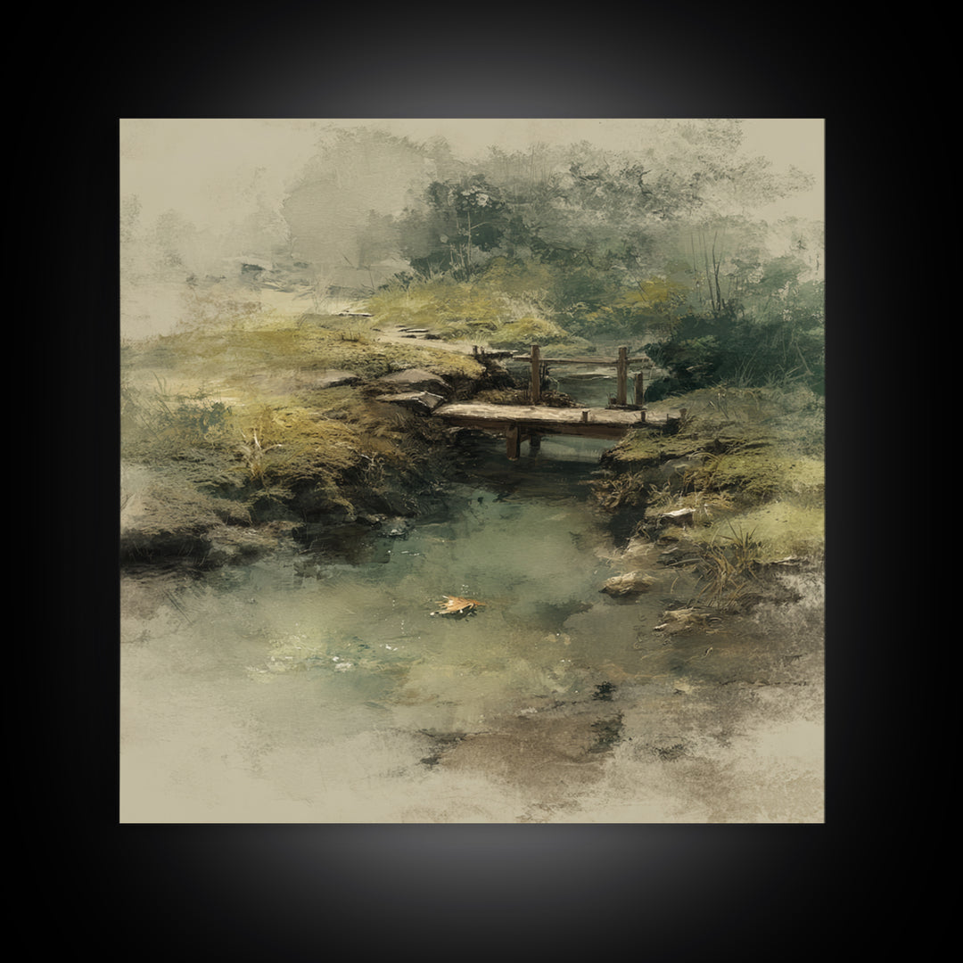 Misty Creek With Wooden Footbridge Watercolor Landscape Wall Art, Soft Nature Painting Print, Calming Home Decor Bedroom Art