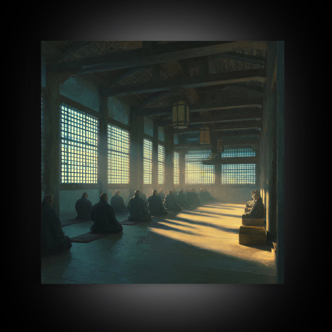 Zen Monastery Meditation Wall Art, Minimalist Monks In Light Print, Calming Spiritual Decor, Wabi Sabi Inspired Artwork For Living Room