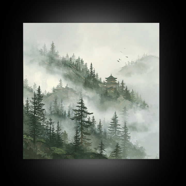Misty Pine Forest With Distant Temple Painting Wall Art, Tranquil Mountain Landscape Print, Zen Japandi Nature Decor