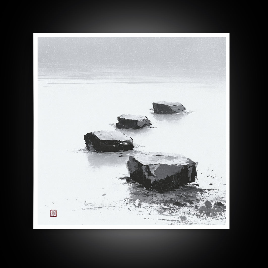 Minimal Zen Stepping Stones Wall Art, Black And White Japanese Canvas Print, Calming Wabi Sabi Decor For Home
