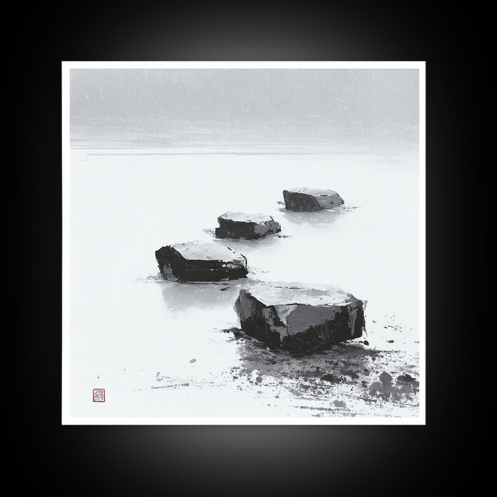 Minimal Zen Stepping Stones Wall Art, Black And White Japanese Canvas Print, Calming Wabi Sabi Decor For Home
