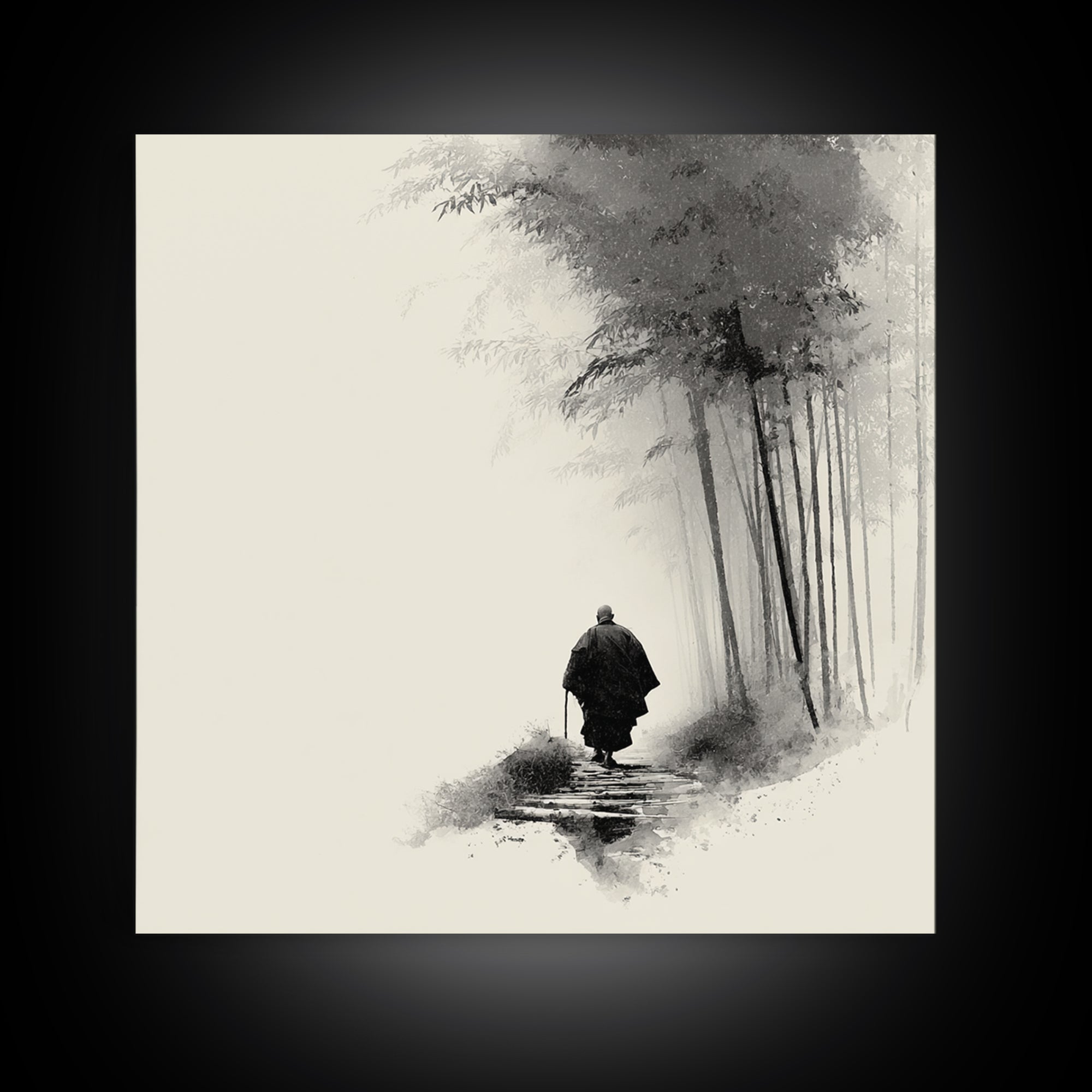 Minimalist Zen Monk Walking In Bamboo Fog Japanese Wall Art Black And White Print Japandi Decor Calming Wabi Sabi Artwork