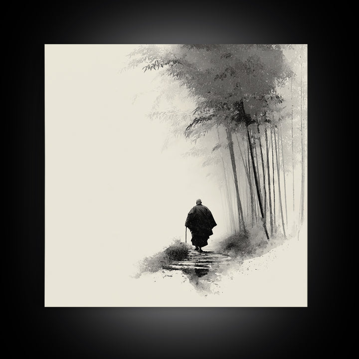 Minimalist Zen Monk Walking In Bamboo Fog Japanese Wall Art Black And White Print Japandi Decor Calming Wabi Sabi Artwork