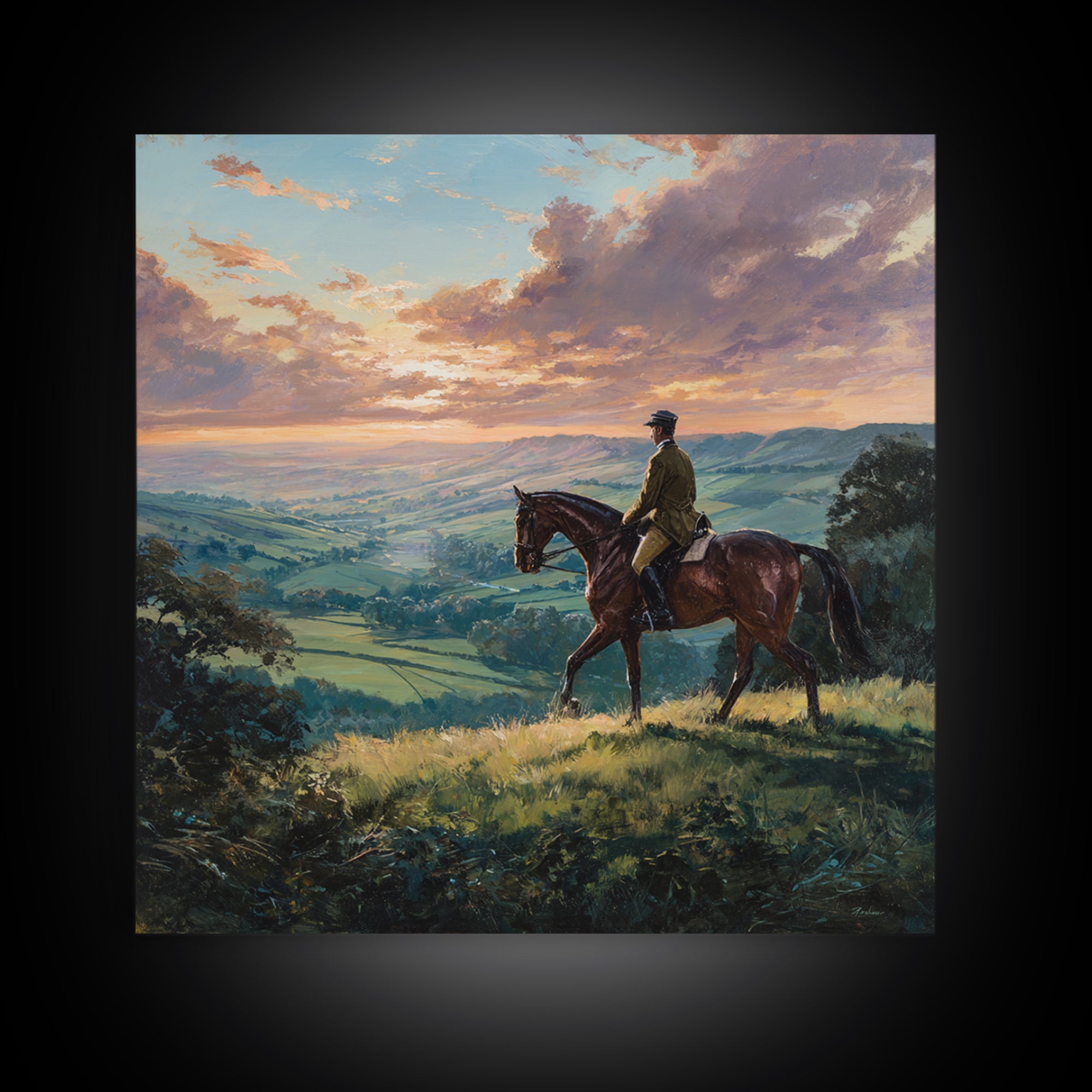 Equestrian Rider Over Rolling Countryside Wall Art, Sunset Landscape Painting, Horse Lover Decor, English Country Wall Art