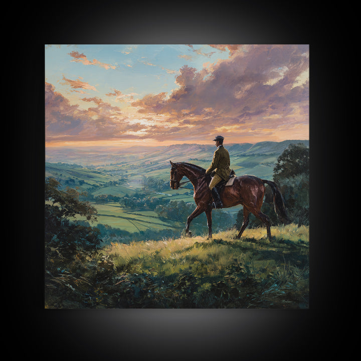 Equestrian Rider Over Rolling Countryside Wall Art, Sunset Landscape Painting, Horse Lover Decor, English Country Wall Art