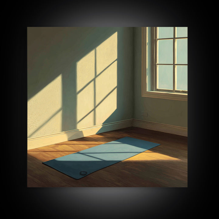Minimal Sunlit Yoga Mat Wall Art, Serene Morning Light Framed Canvas Print, Mindful Home Decor, Zen Meditation Space