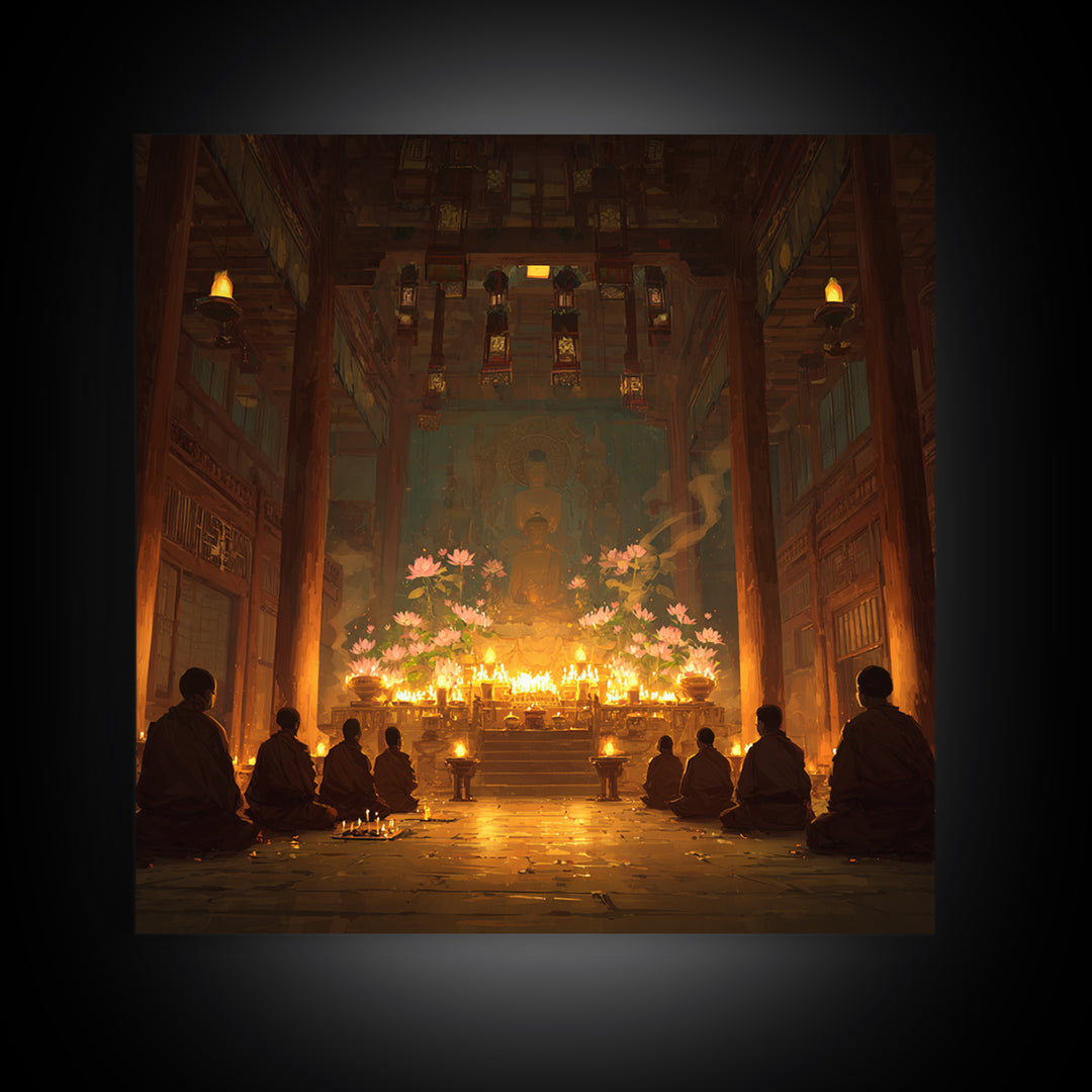 Golden Temple Meditation Wall Art, Monks And Candles Spiritual Print, Zen Decor, Calming Asian Inspired Artwork For Living Room Or Altar