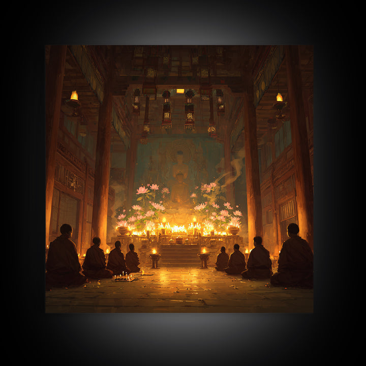 Golden Temple Meditation Wall Art, Monks And Candles Spiritual Print, Zen Decor, Calming Asian Inspired Artwork For Living Room Or Altar