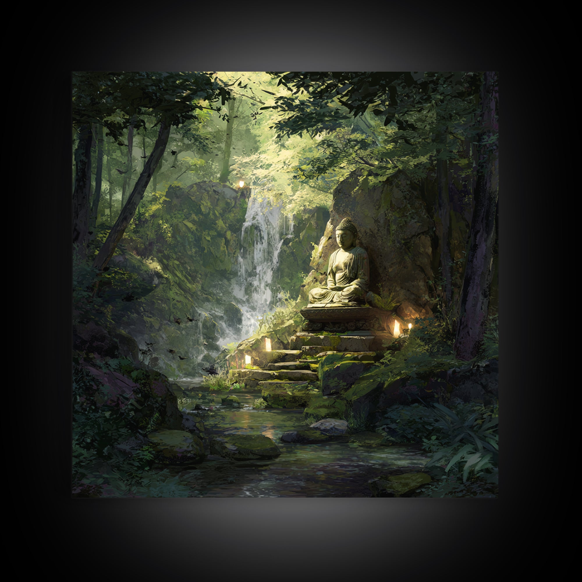Zen Buddha By Forest Waterfall Wall Art, Tranquil Green Landscape Painting, Meditation Spiritual Decor, Calming Canvas Print
