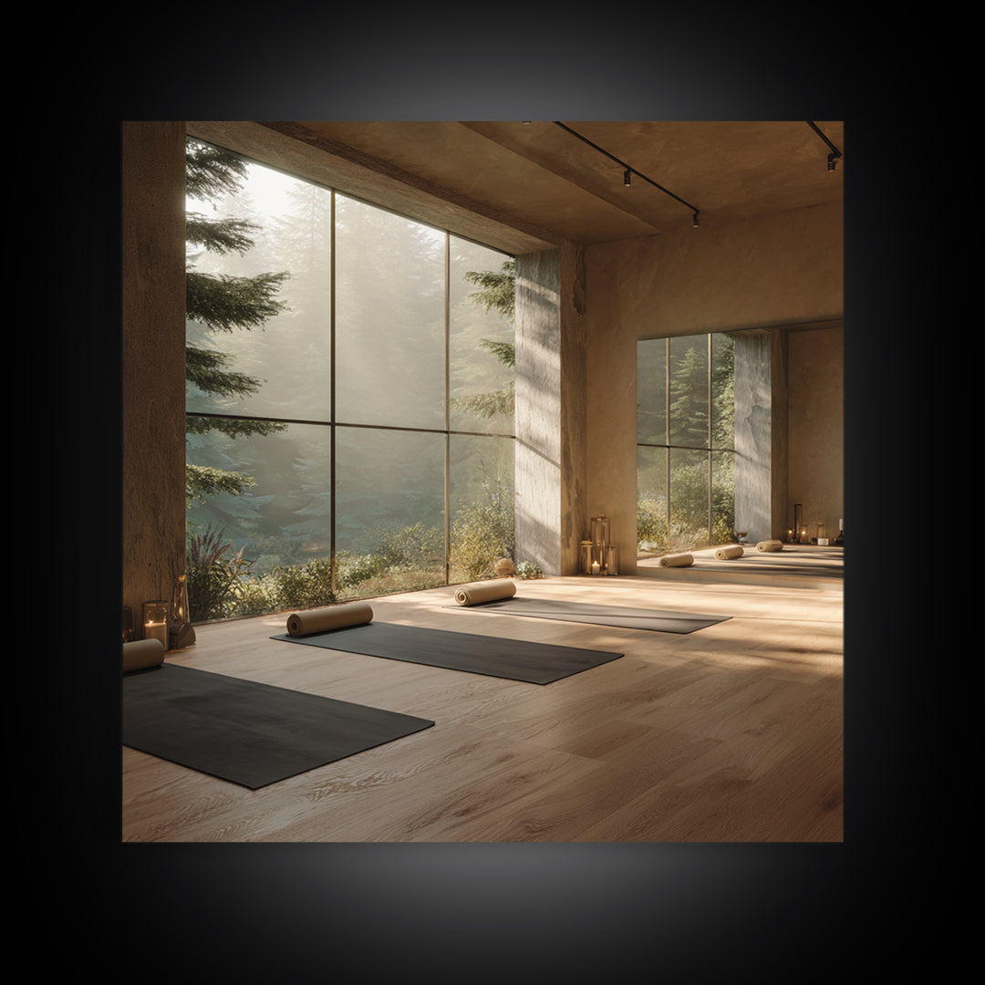 Zen Forest Yoga Studio Interior Wall Art, Serene Meditation Room Framed Canvas Print, Calming Minimalist Home Decor