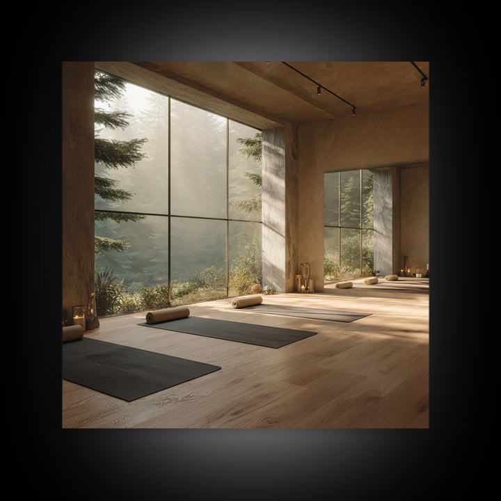 Zen Forest Yoga Studio Interior Wall Art, Serene Meditation Room Framed Canvas Print, Calming Minimalist Home Decor