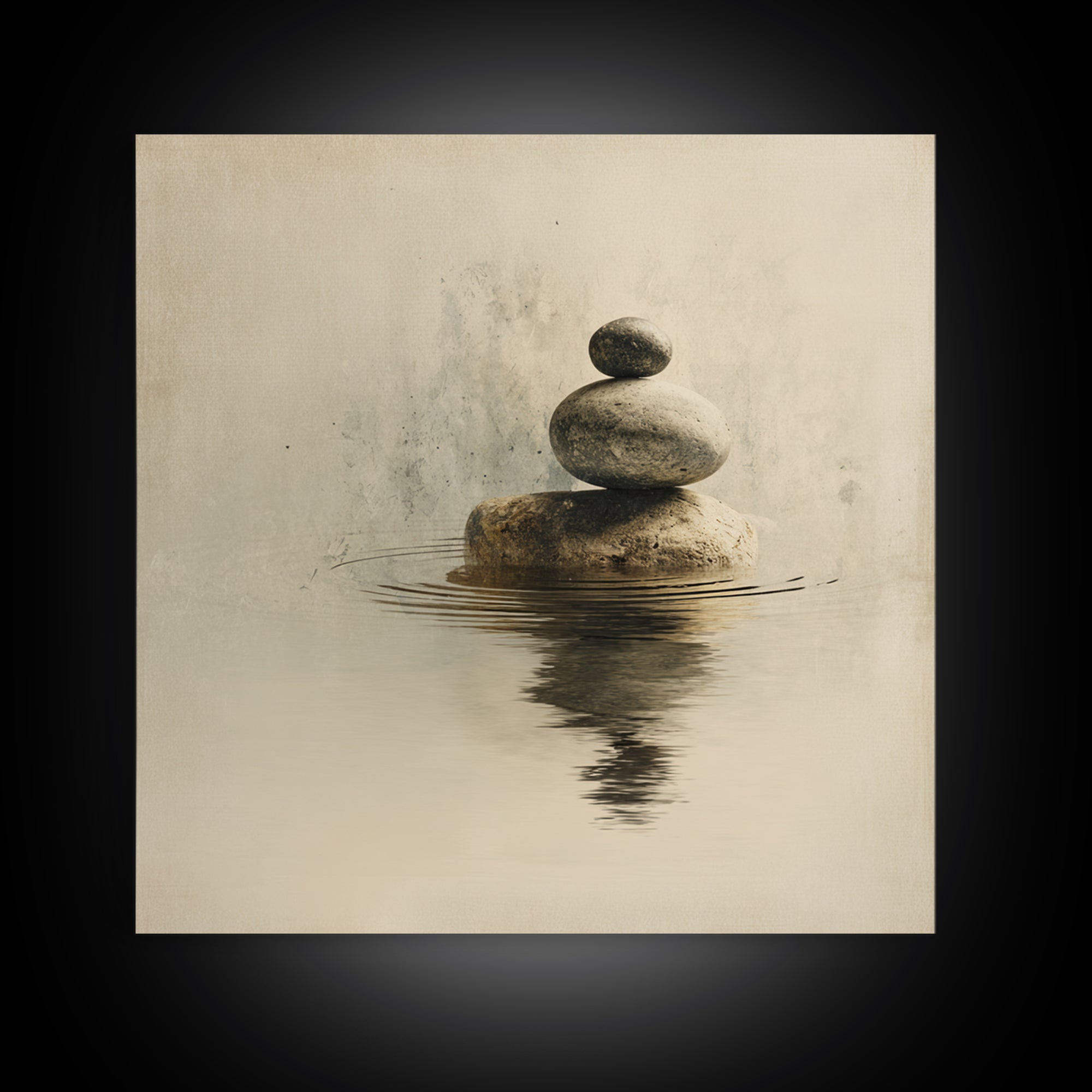 Minimal Zen Rock Stack In Still Water Wall Art, Neutral Japandi Canvas Print, Calming Wabi Sabi Decor For Modern Home