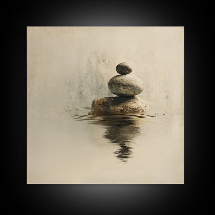 Minimal Zen Rock Stack In Still Water Wall Art, Neutral Japandi Canvas Print, Calming Wabi Sabi Decor For Modern Home