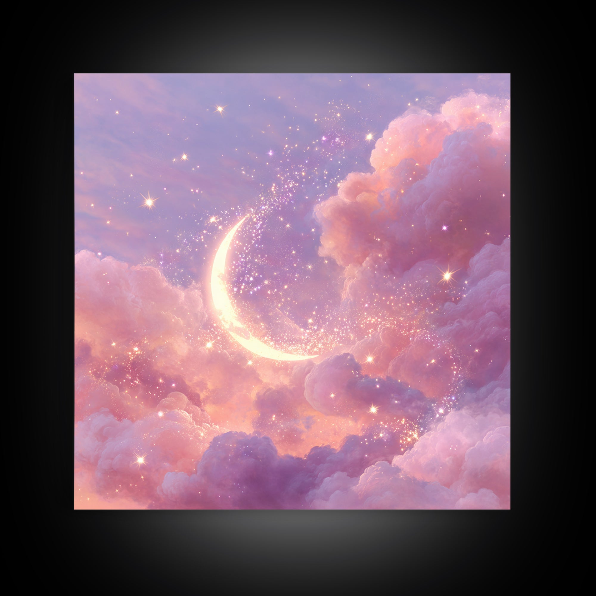 Glowing Crescent Moon In Pink Clouds Wall Art, Celestial Nursery Decor, Dreamy Space Art Print, Whimsical Bedroom Decor Gift
