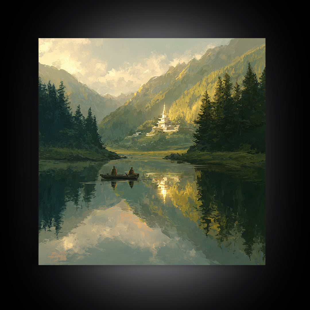 Misty Lake Temple Landscape Wall Art, Tranquil Boat Mountain Canvas Print, Serene Zen Nature Decor For Bedroom Or Living Room