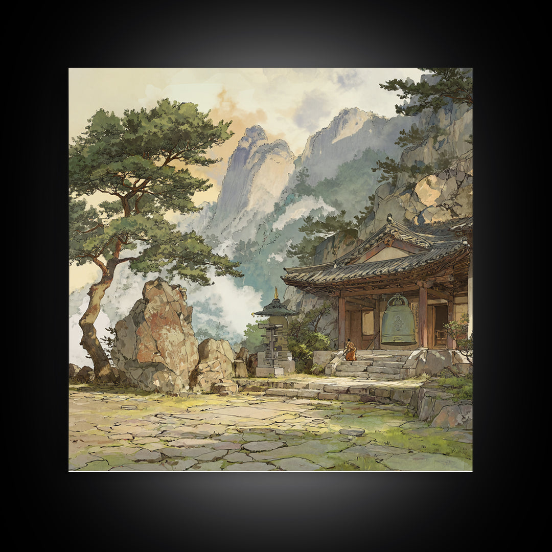 Japanese Landscape With Traditional Temple And Pine Trees Vintage Style Wall Art Framed Canvas Print