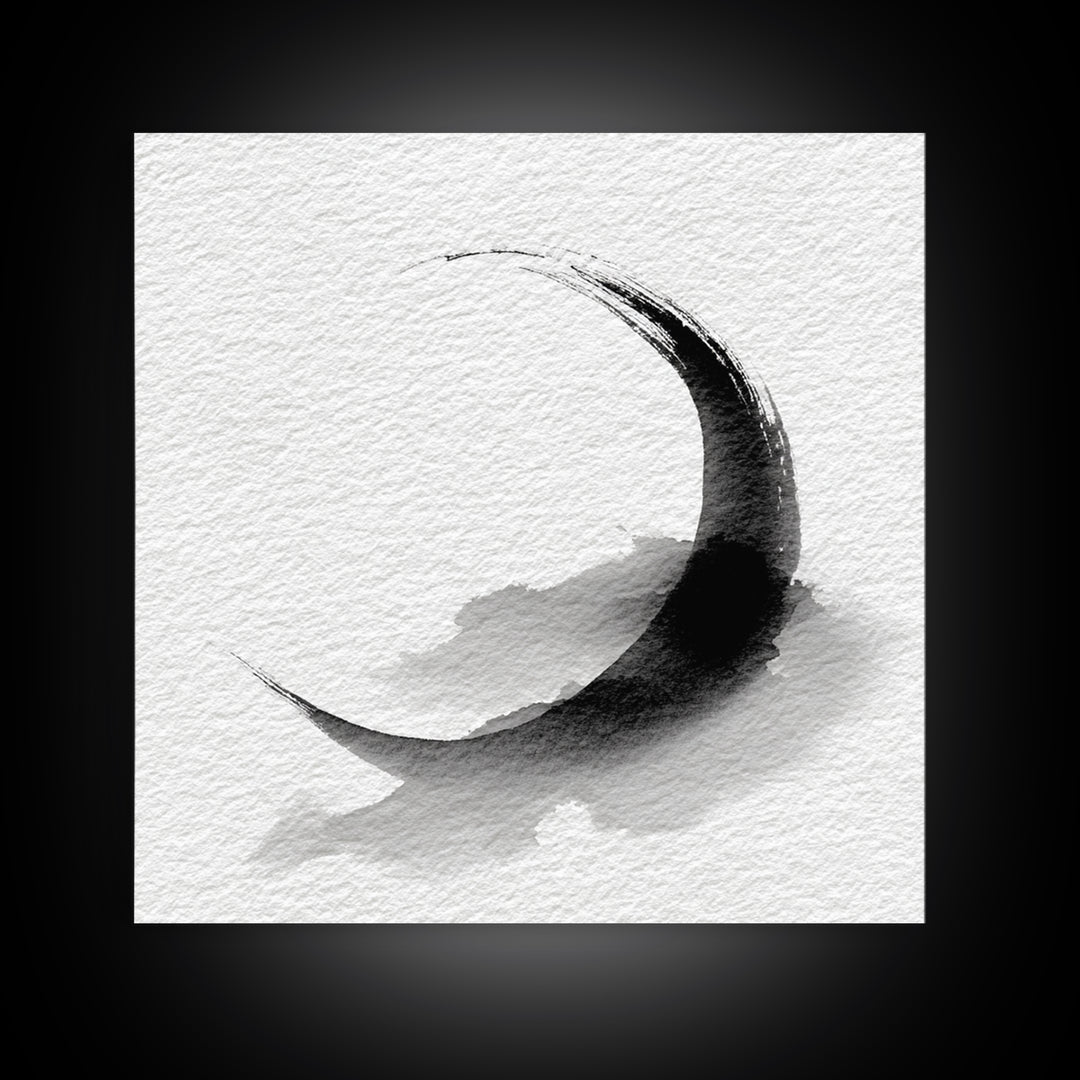 Black Ink Crescent Brushstroke Minimalist Abstract Wall Art, Japandi Zen Decor, Modern Canvas Print