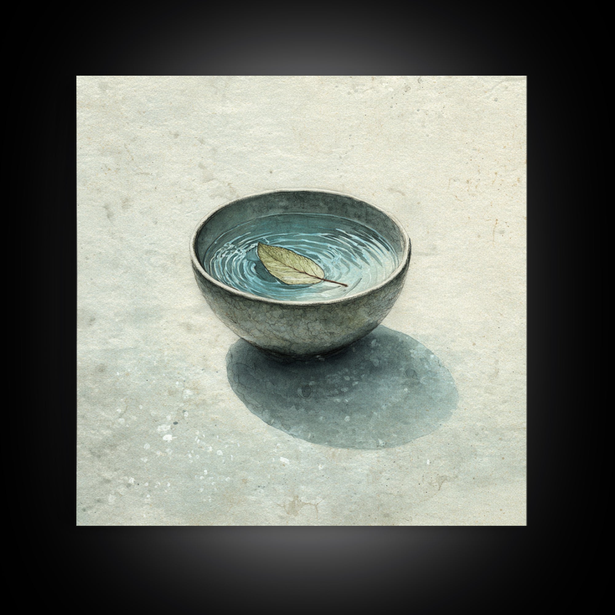 Minimal Tea Bowl With Floating Leaf Watercolor Wall Art, Wabi Sabi Zen Canvas Print, Serene Japanese Inspired Decor