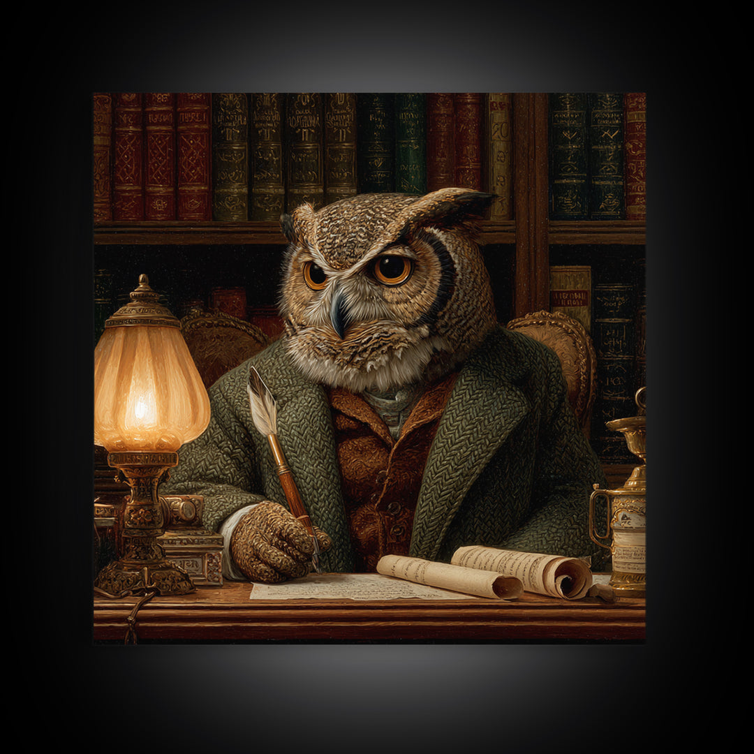 Scholar Owl In Antique Library Canvas Print, Whimsical Animal Wall Art, Dark Academia Office Decor, Book Lover Gift For Readers