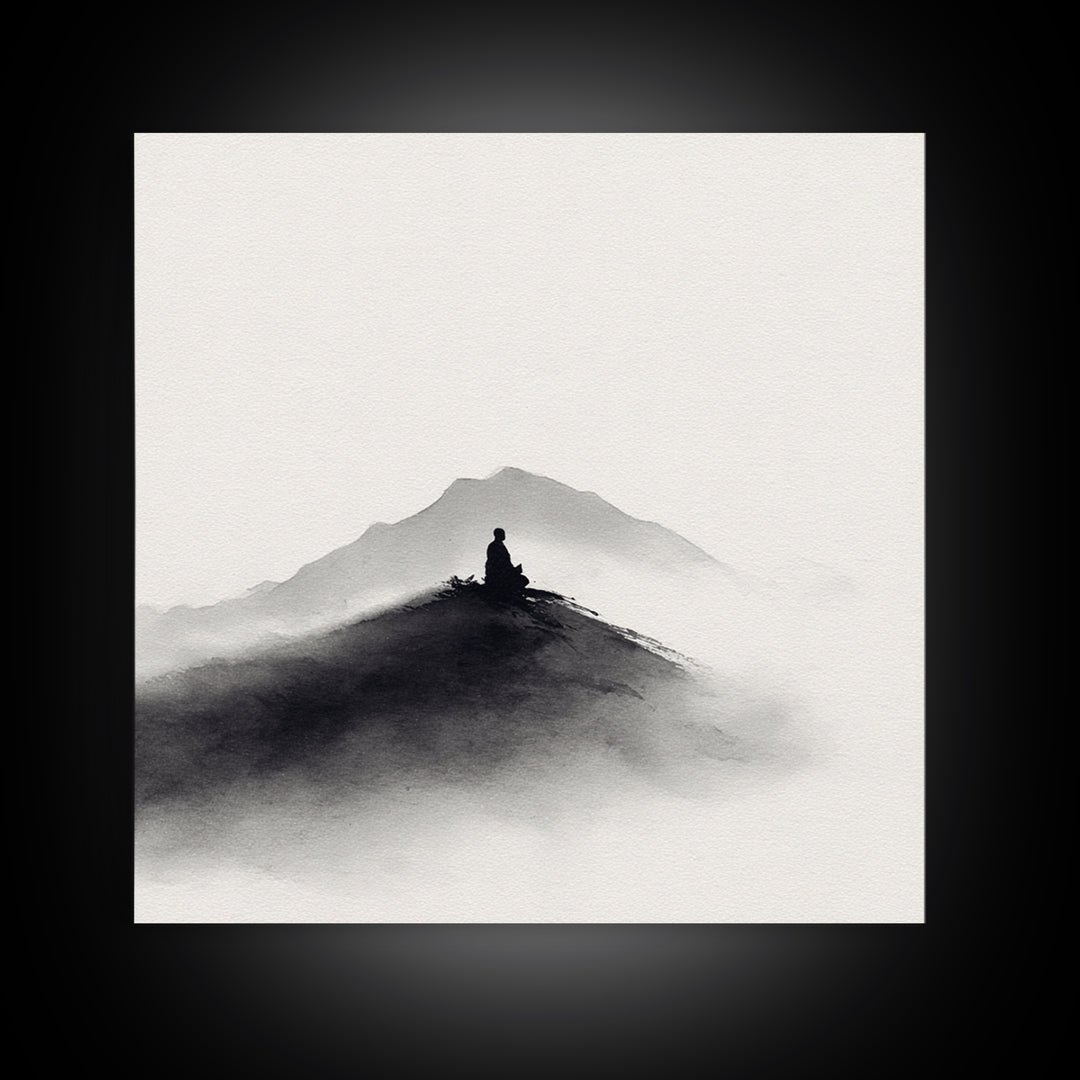 Minimalist Black And White Ink Landscape With Misty Mountains Wall Art Canvas Print For Modern Decor