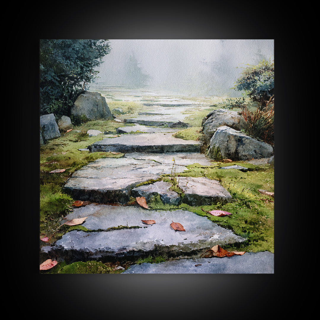 Misty Stone Garden Path Watercolor Wall Art, Serene Landscape Painting, Zen Home Decor, Wabi Sabi Neutral Canvas Print