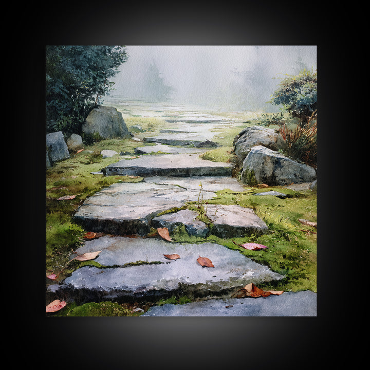 Misty Stone Garden Path Watercolor Wall Art, Serene Landscape Painting, Zen Home Decor, Wabi Sabi Neutral Canvas Print