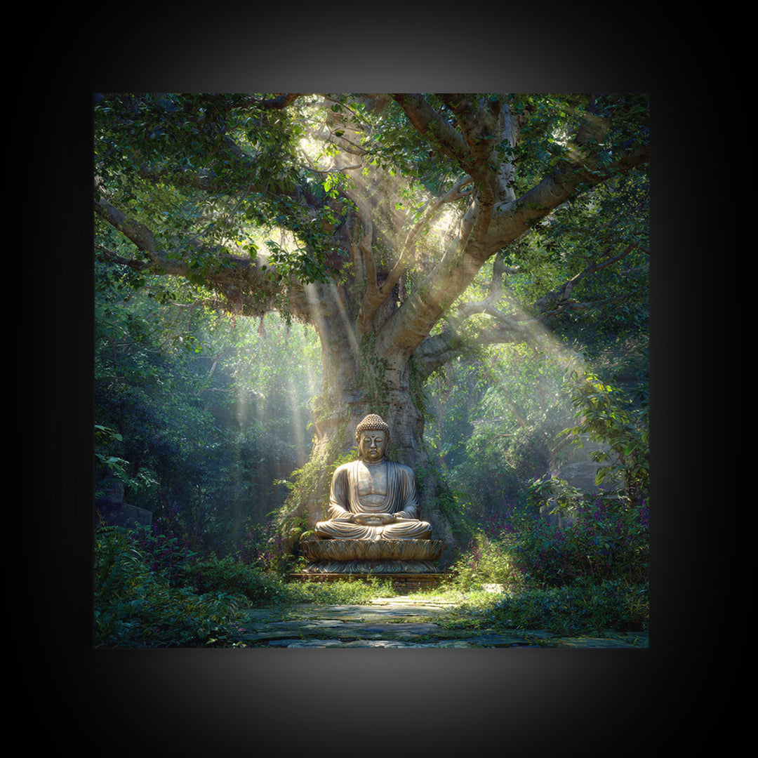 Serene Forest Buddha Statue Under Sacred Tree Wall Art Spiritual Nature Canvas Print Zen Meditation Room Decor Calming Artwork
