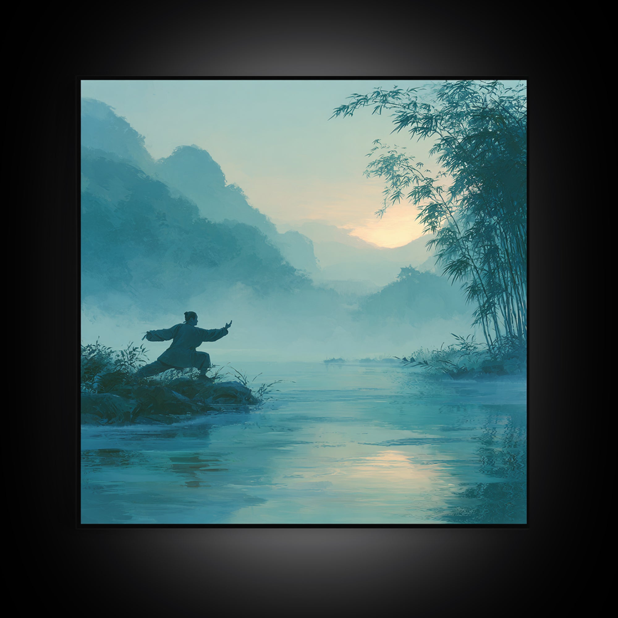 Martial Artist By Misty River At Sunrise Wall Art, Serene Zen Landscape Canvas Print, Calming Nature Home Decor Painting