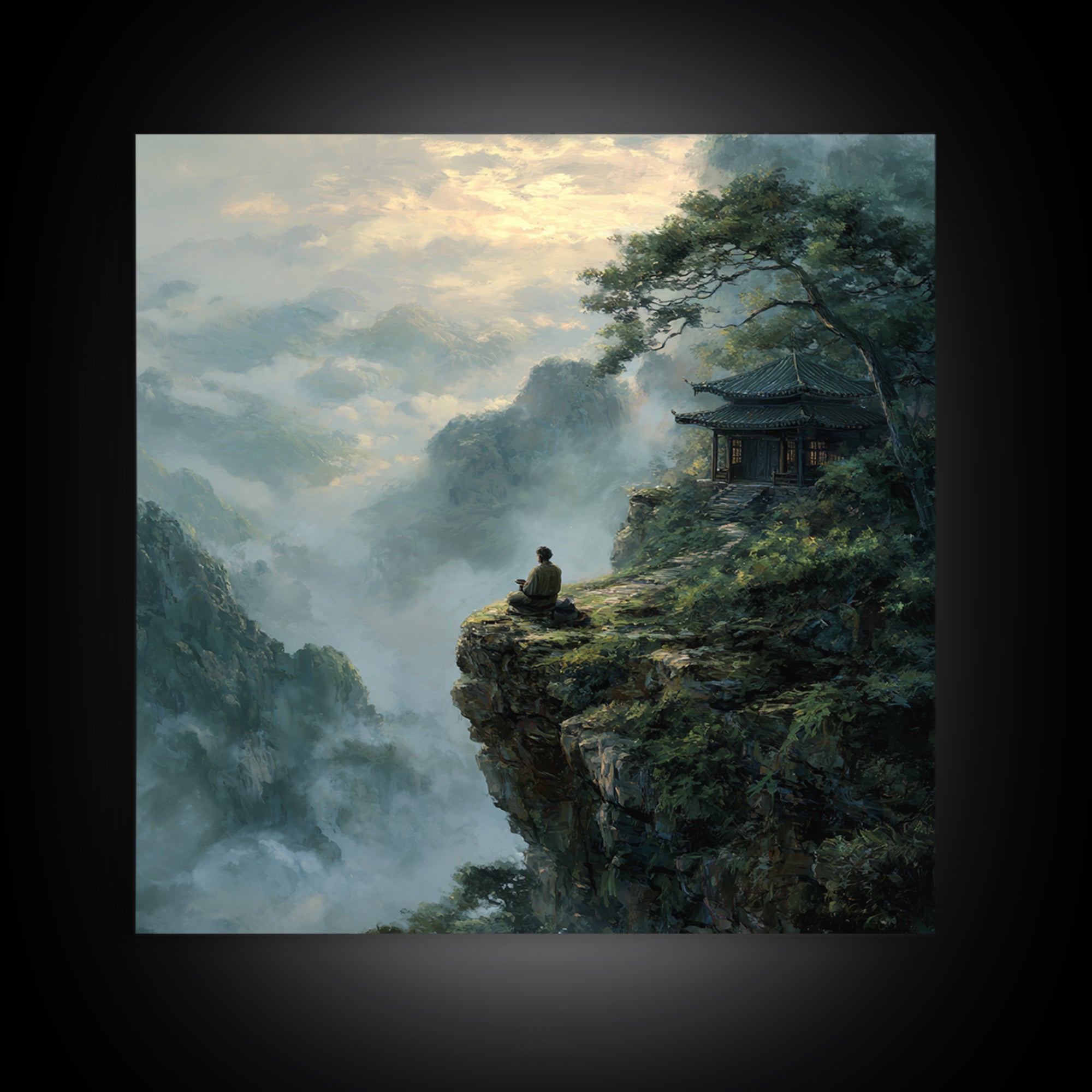 Zen Monk On Mountain Cliff Landscape Wall Art, Meditative Nature Canvas Print, Japanese Style Calming Home Decor