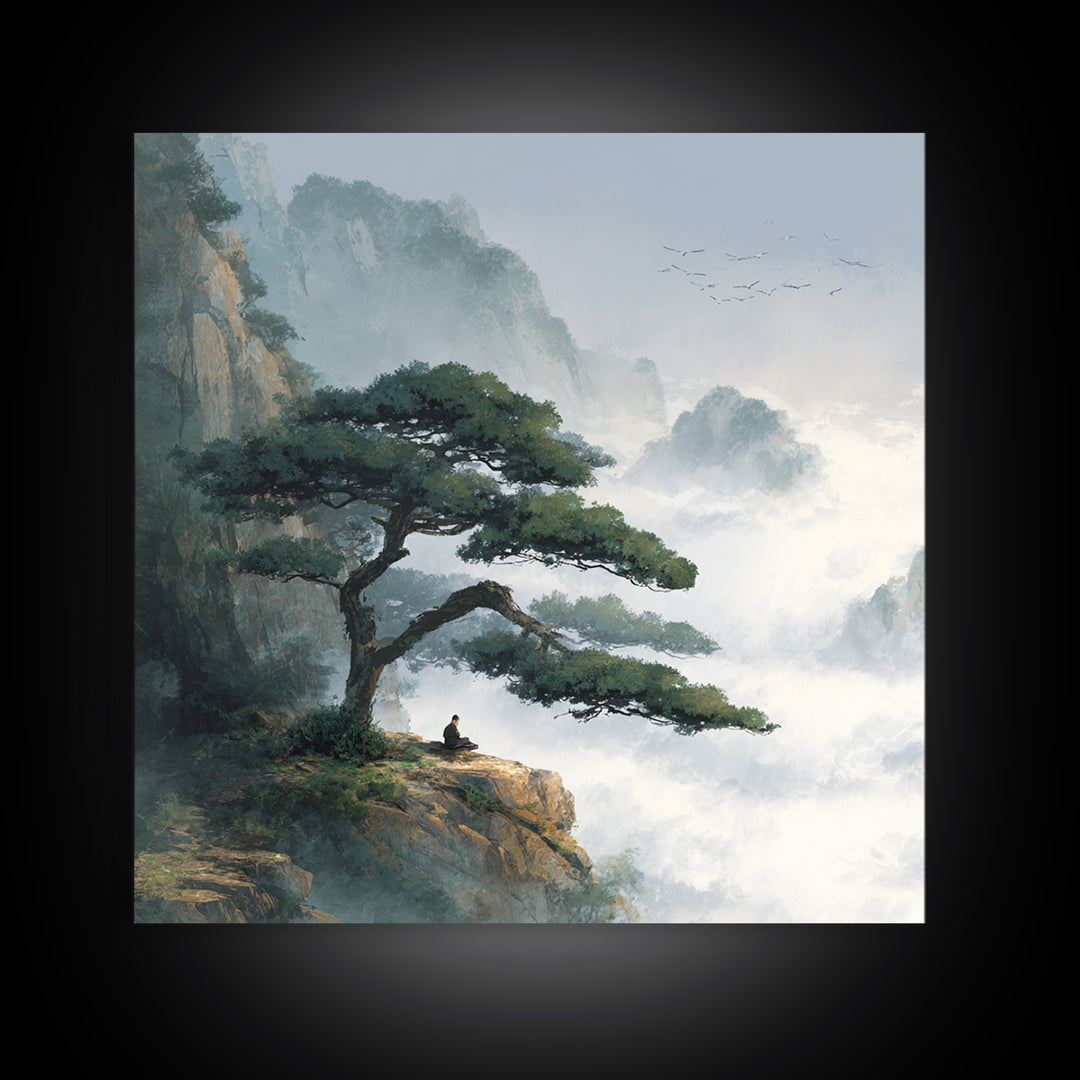 Zen Mountain Meditation Landscape Wall Art, Serene Nature Painting, Calming Japandi Style Canvas Print For Home Decor