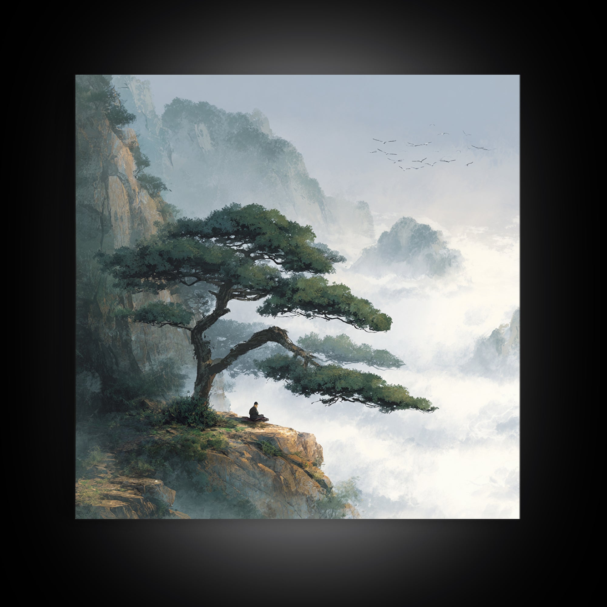 Zen Mountain Meditation Landscape Wall Art, Serene Nature Painting, Calming Japandi Style Canvas Print For Home Decor