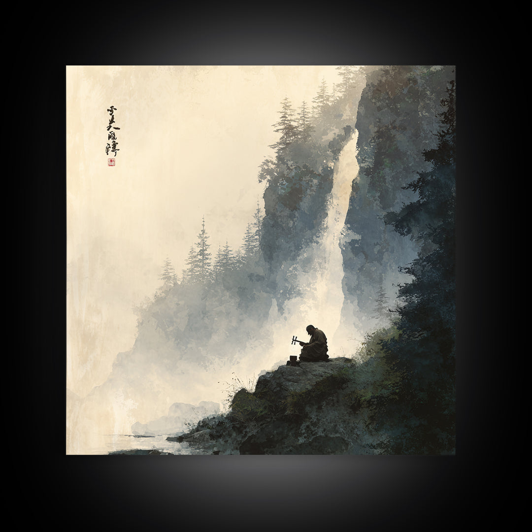 Meditating Monk By Waterfall Landscape Wall Art, Tranquil Zen Mountain Print, Japanese Inspired Nature Canvas Print