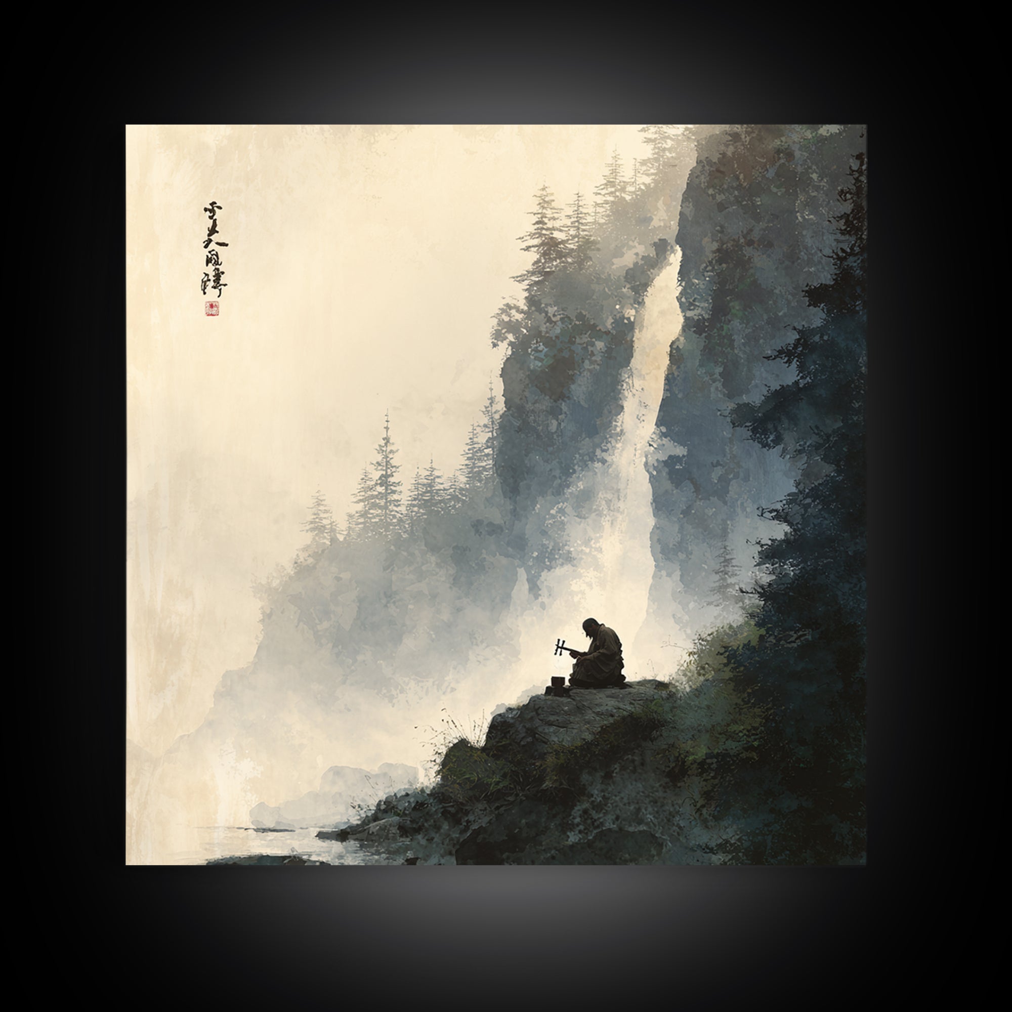 Meditating Monk By Waterfall Landscape Wall Art, Tranquil Zen Mountain Print, Japanese Inspired Nature Canvas Print